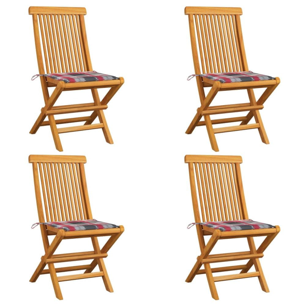 Vidaxl Záhradné stoličky+červené kockované podložky 4 ks, tíkový masív